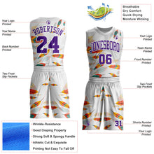 Laden Sie das Bild in den Galerie-Viewer, Uksn Individuelles Weiß-Lila Feder Boho-Stil Rundhals Sublimationsdruck Basketball Uniform Trikot