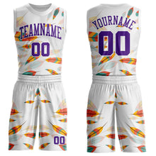 Laden Sie das Bild in den Galerie-Viewer, Uksn Individuelles Weiß-Lila Feder Boho-Stil Rundhals Sublimationsdruck Basketball Uniform Trikot