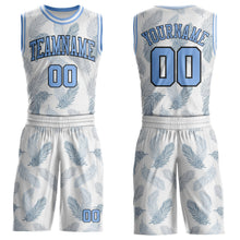 Laden Sie das Bild in den Galerie-Viewer, Uksn Individuelles Weiß Hellblau-Schwarz Feder Boho-Stil Rundhals Sublimationsdruck Basketball Uniform Trikot