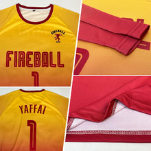 Laden Sie das Bild in den Galerie-Viewer, Uksn Individuelles Gold Karmesinrot Sublimationsdruck Langarm Farbverlauf Fußballtrikot