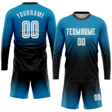 Laden Sie das Bild in den Galerie-Viewer, Uksn Individuelles Pantherblau Weiß-Schwarz Sublimationsdruck Langarm Farbverlauf Fußballtrikot