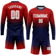 Laden Sie das Bild in den Galerie-Viewer, Uksn Individuelles Rot Weiß-Marineblau Sublimationsdruck Langarm Farbverlauf Fußballtrikot