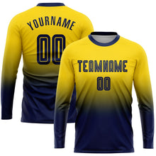 Laden Sie das Bild in den Galerie-Viewer, Uksn Individuelles Gold Marineblau Sublimationsdruck Langarm Farbverlauf Fußballtrikot
