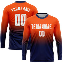 Laden Sie das Bild in den Galerie-Viewer, Uksn Individuelles Orange Weiß-Marineblau Sublimationsdruck Langarm Farbverlauf Fußballtrikot