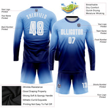 Laden Sie das Bild in den Galerie-Viewer, Uksn Individuelles Hellblau Weiß-Marineblau Sublimationsdruck Langarm Farbverlauf Fußballtrikot