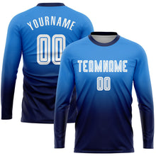 Laden Sie das Bild in den Galerie-Viewer, Uksn Individuelles Puderblau Weiß-Marineblau Sublimationsdruck Langarm Farbverlauf Fußballtrikot