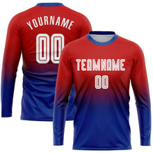 Laden Sie das Bild in den Galerie-Viewer, Uksn Individuelles Rot Weiß-Königsblau Sublimationsdruck Langarm Farbverlauf Fußballtrikot