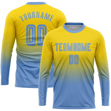 Laden Sie das Bild in den Galerie-Viewer, Uksn Individuelles Gold Hellblau Sublimationsdruck Langarm Farbverlauf Fußballtrikot