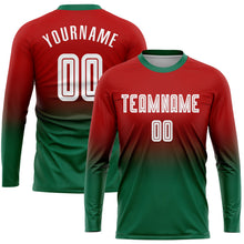 Laden Sie das Bild in den Galerie-Viewer, Uksn Individuelles Rot Weiß-Kelly-Grün Sublimationsdruck Langarm Farbverlauf Fußballtrikot