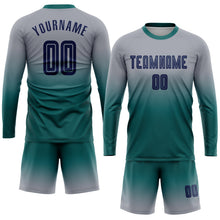 Laden Sie das Bild in den Galerie-Viewer, Uksn Individuelles Grau Marineblau-Petrol Sublimationsdruck Langarm Farbverlauf Fußballtrikot