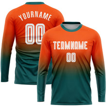 Laden Sie das Bild in den Galerie-Viewer, Uksn Individuelles Orange Weiß-Petrol Sublimationsdruck Langarm Farbverlauf Fußballtrikot