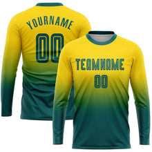 Laden Sie das Bild in den Galerie-Viewer, Uksn Individuelles Gold Petrol Sublimationsdruck Langarm Farbverlauf Fußballtrikot