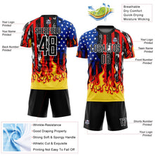 Laden Sie das Bild in den Galerie-Viewer, Uksn Individuelles Schwarz Rot Königsblau-Gold US-Flagge Flamme Sublimationsdruck Fußballtrikot