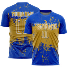Laden Sie das Bild in den Galerie-Viewer, Uksn Individuelles Donnerblau Altgold-Weiß Abstrakter Splash Grunge Kunst Sports Sublimationsdruck Fußballtrikot
