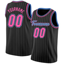 Laden Sie das Bild in den Galerie-Viewer, Uksn Individuelles Schwarz Weiße Nadelstreifen Pink-Hellblau Authentic Basketball Trikot