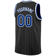 Laden Sie das Bild in den Galerie-Viewer, Uksn Individuelles Schwarz Weiße Nadelstreifen Königsblau-Weiß Authentic Basketball Trikot