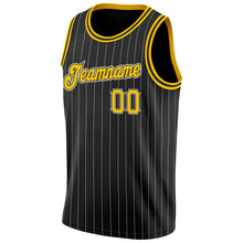 Laden Sie das Bild in den Galerie-Viewer, Uksn Individuelles Schwarz Weiße Nadelstreifen Gold-Weiß Authentic Basketball Trikot