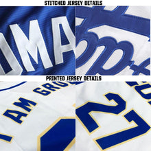 Laden Sie das Bild in den Galerie-Viewer, Uksn Individuelles Weiß Altgold-Königsblau Baseball Trikot