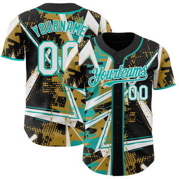 Uksn Individuelles Schwarz Weiß Altgold-Aqua Geometrische Splitter-Punktgitter Authentic Baseball Trikot