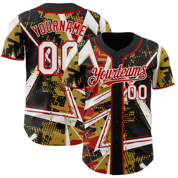 Uksn Individuelles Schwarz Weiß Altgold-Rot Geometrische Splitter-Punktgitter Authentic Baseball Trikot