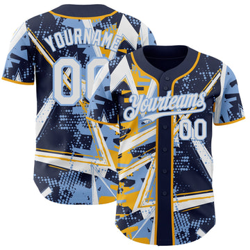 Uksn Individuelles Marineblau Weiß Gold-Hellblau Geometrische Splitter-Punktgitter Authentic Baseball Trikot