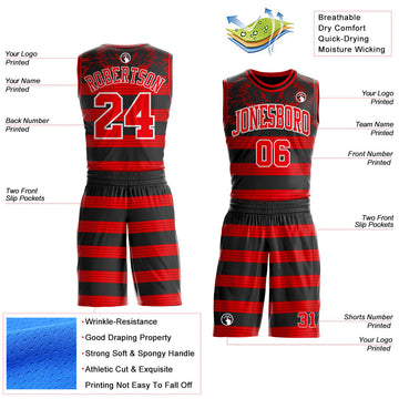 Uksn Individuelles Schwarz Feuerrot-Weiß Flügelstreifen Boho-Stil Rundhals Sublimationsdruck Basketball Uniform Trikot