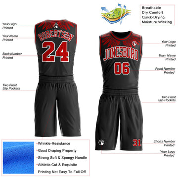 Uksn Individuelles Schwarz Rot-Weiß Feder-Flügel Boho-Stil Rundhals Sublimationsdruck Basketball Uniform Trikot