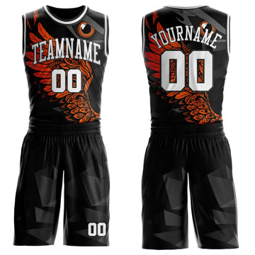 Uksn Individuelles Schwarz Weiß-Orange Adler-Flügel Boho-Stil Rundhals Sublimationsdruck Basketball Uniform Trikot