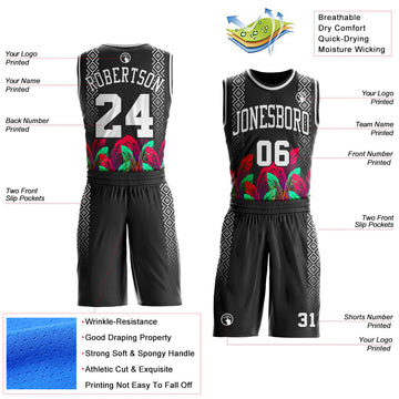 Uksn Individuelles Schwarz Weiß Rot-Grün Feder-Geometrisch Boho-Stil Rundhals Sublimationsdruck Basketball Uniform Trikot