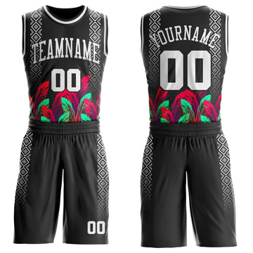 Uksn Individuelles Schwarz Weiß Rot-Grün Feder-Geometrisch Boho-Stil Rundhals Sublimationsdruck Basketball Uniform Trikot