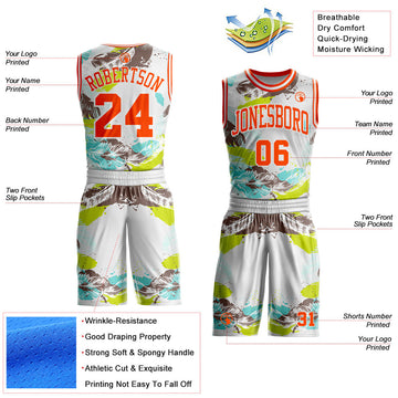 Uksn Individuelles Weiß-Orange Feder Boho-Stil Rundhals Sublimationsdruck Basketball Uniform Trikot