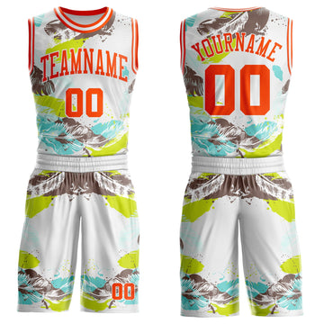 Uksn Individuelles Weiß-Orange Feder Boho-Stil Rundhals Sublimationsdruck Basketball Uniform Trikot