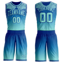 Laden Sie das Bild in den Galerie-Viewer, Uksn Individuelles Königsblau-Eisblau Verlauf-Feder-Flügel Boho-Stil Rundhals Sublimationsdruck Basketball Uniform Trikot
