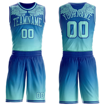 Uksn Individuelles Königsblau-Eisblau Verlauf-Feder-Flügel Boho-Stil Rundhals Sublimationsdruck Basketball Uniform Trikot
