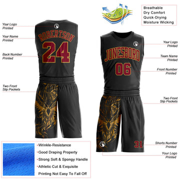 Uksn Individuelles Schwarz Karmesinrot-Altgold Flügel Boho-Stil Rundhals Sublimationsdruck Basketball Uniform Trikot