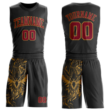 Uksn Individuelles Schwarz Karmesinrot-Altgold Flügel Boho-Stil Rundhals Sublimationsdruck Basketball Uniform Trikot