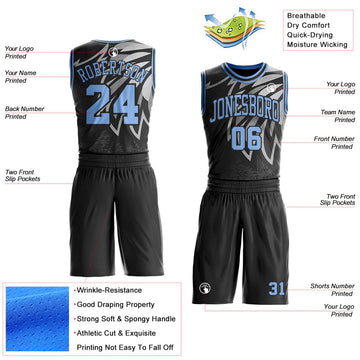 Uksn Individuelles Schwarz Hellblau-Gray Flügel Boho-Stil Rundhals Sublimationsdruck Basketball Uniform Trikot