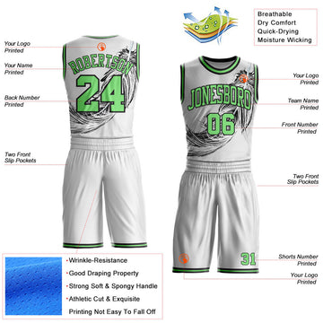 Uksn Individuelles Weiß Erbsengrün-Schwarz Feder Boho-Stil Rundhals Sublimationsdruck Basketball Uniform Trikot