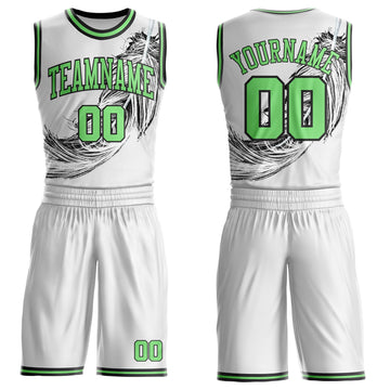 Uksn Individuelles Weiß Erbsengrün-Schwarz Feder Boho-Stil Rundhals Sublimationsdruck Basketball Uniform Trikot