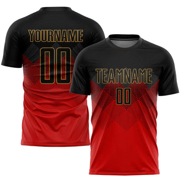 Uksn Individuelles Rot Schwarz-Altgold Sublimationsdruck Fußballtrikot