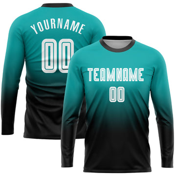 Uksn Individuelles Aqua Weiß-Schwarz Sublimationsdruck Langarm Farbverlauf Fußballtrikot