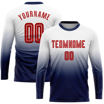 Uksn Individuelles Weiß Rot-Marineblau Sublimationsdruck Langarm Farbverlauf Fußballtrikot