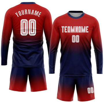 Uksn Individuelles Rot Weiß-Marineblau Sublimationsdruck Langarm Farbverlauf Fußballtrikot