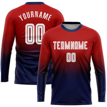 Laden Sie das Bild in den Galerie-Viewer, Uksn Individuelles Rot Weiß-Marineblau Sublimationsdruck Langarm Farbverlauf Fußballtrikot

