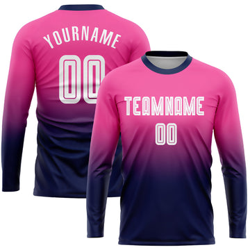Uksn Individuelles Pink Weiß-Marineblau Sublimationsdruck Langarm Farbverlauf Fußballtrikot
