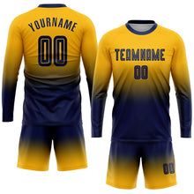 Laden Sie das Bild in den Galerie-Viewer, Uksn Individuelles Gold Marineblau Sublimationsdruck Langarm Farbverlauf Fußballtrikot

