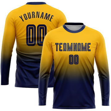 Uksn Individuelles Gold Marineblau Sublimationsdruck Langarm Farbverlauf Fußballtrikot
