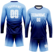 Laden Sie das Bild in den Galerie-Viewer, Uksn Individuelles Hellblau Weiß-Marineblau Sublimationsdruck Langarm Farbverlauf Fußballtrikot
