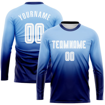 Uksn Individuelles Hellblau Weiß-Marineblau Sublimationsdruck Langarm Farbverlauf Fußballtrikot