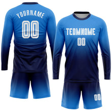 Laden Sie das Bild in den Galerie-Viewer, Uksn Individuelles Puderblau Weiß-Marineblau Sublimationsdruck Langarm Farbverlauf Fußballtrikot
